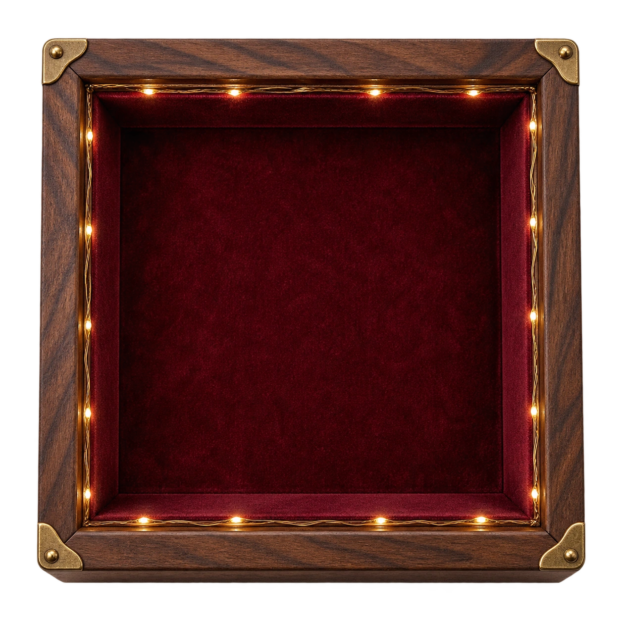 A walnut keepsake box lined in burgundy velvet