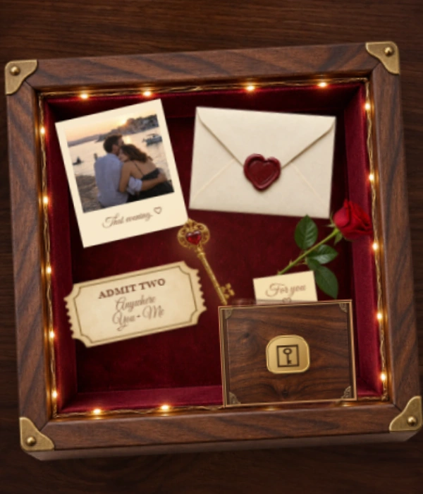 A walnut box filled with a Polaroid, love letter, rose, ticket and golden key