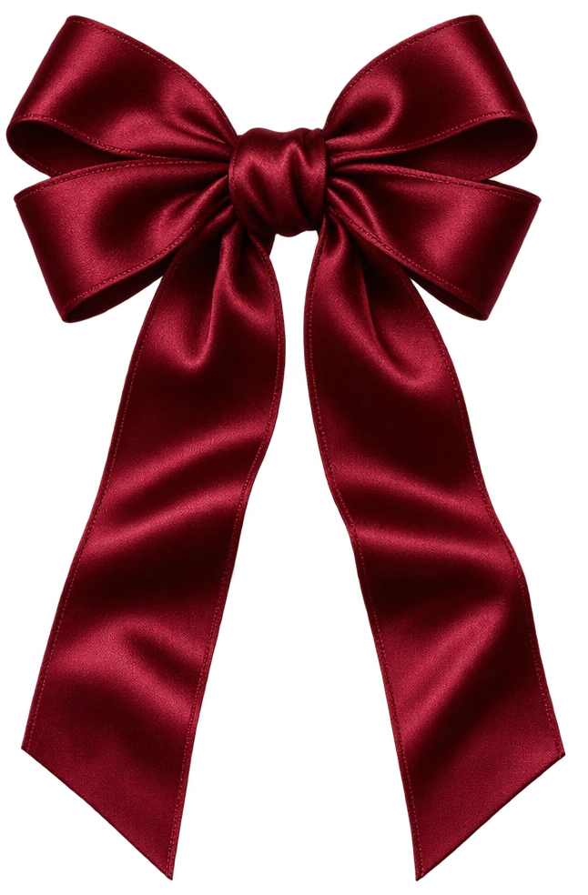 Red satin ribbon tied around the box