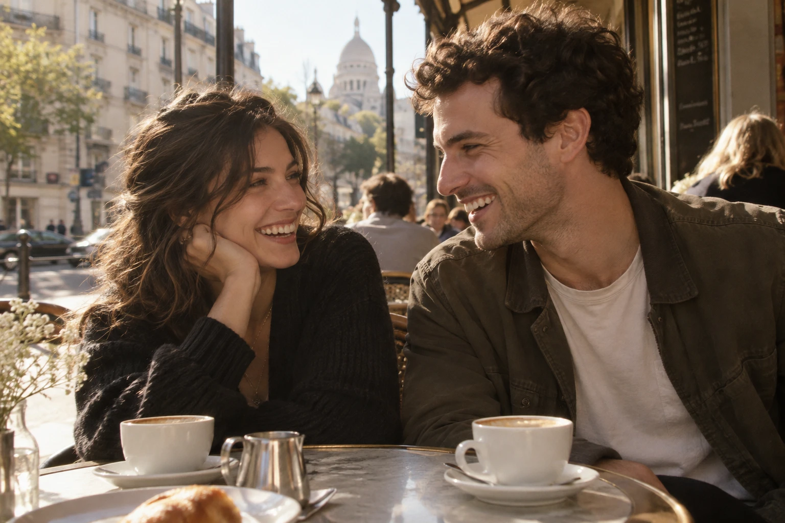 Jamie and Alex sharing a laugh over coffee