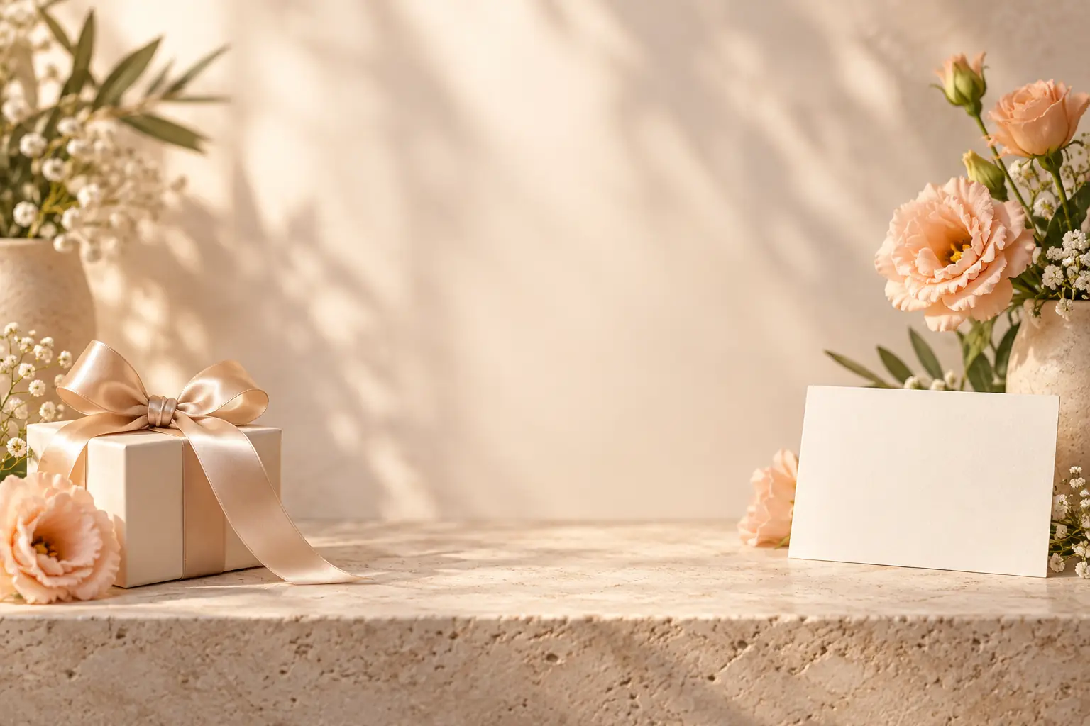 A small ribbon-wrapped gift beside flowers in warm sunlight