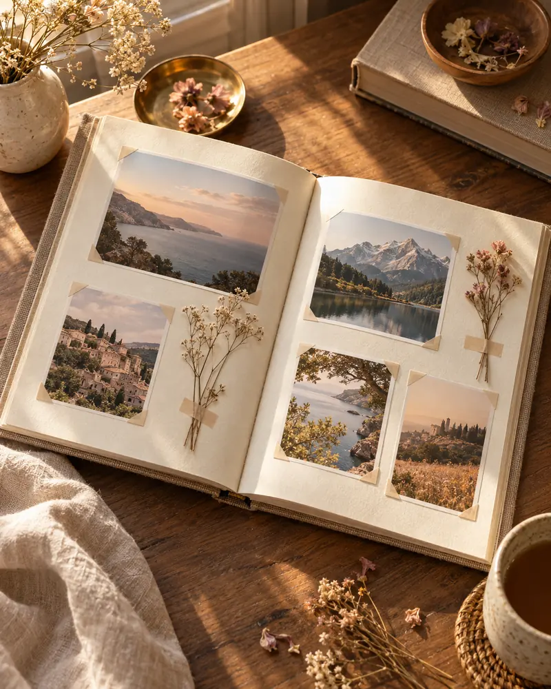 An open memory book with photographs and dried flowers
