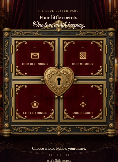 An engraved golden heart vault surrounded by four burgundy keepsake compartments