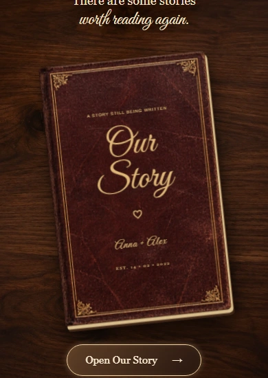 Anna and Alex’s leather-bound storybook with gold lettering on a candlelit table