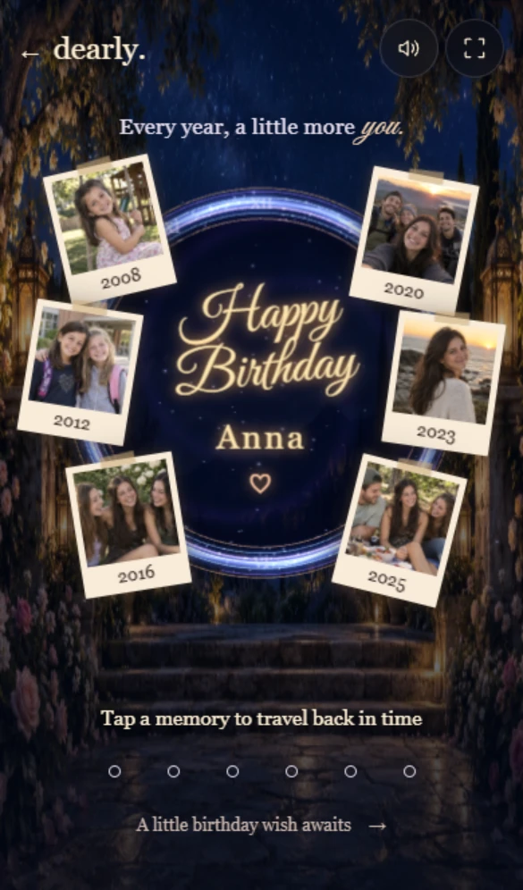 A glowing time portal surrounded by Anna’s floating memory photographs