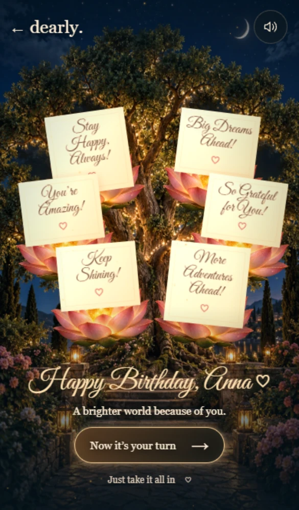 A golden tree filled with blooming flowers and six personal birthday wishes